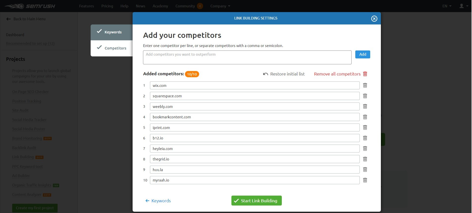 Link Building Tool Competition SEMrush
